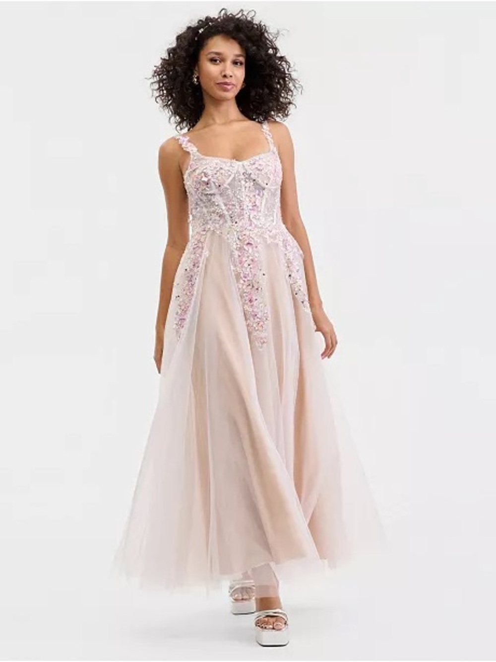 Jump 3D-Floral Illusion-Bodice Gown Embellished Blush Tulle Maxi Dress